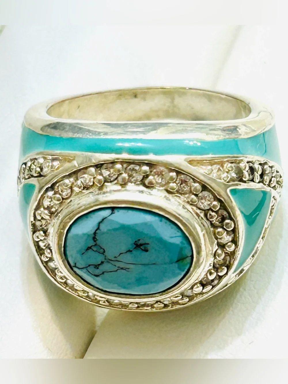Light blue Enamel Inlay with Faux turquoise and CZ   Silver Women Ring